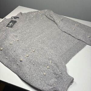 NWT Belle By Belle Sweater Womens Large Heather Grey Knit Pearl Embellished Chic